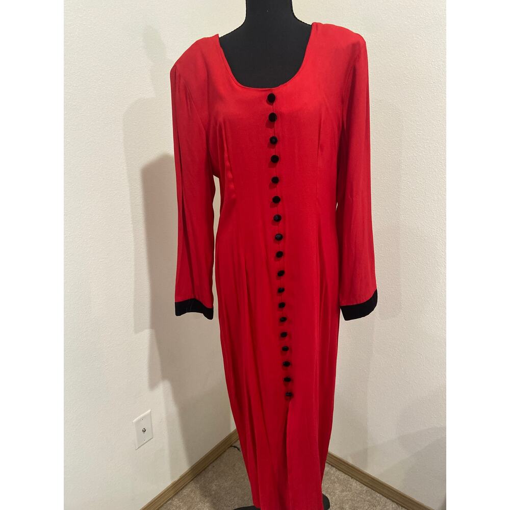 Vintage Red Maxi Dress Black Trim Minimalist Goth 90s Long Sleeve size 12